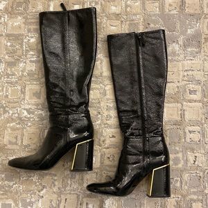 Tory Burch Gigi Black Patent Leather knee high boots with gold hardware